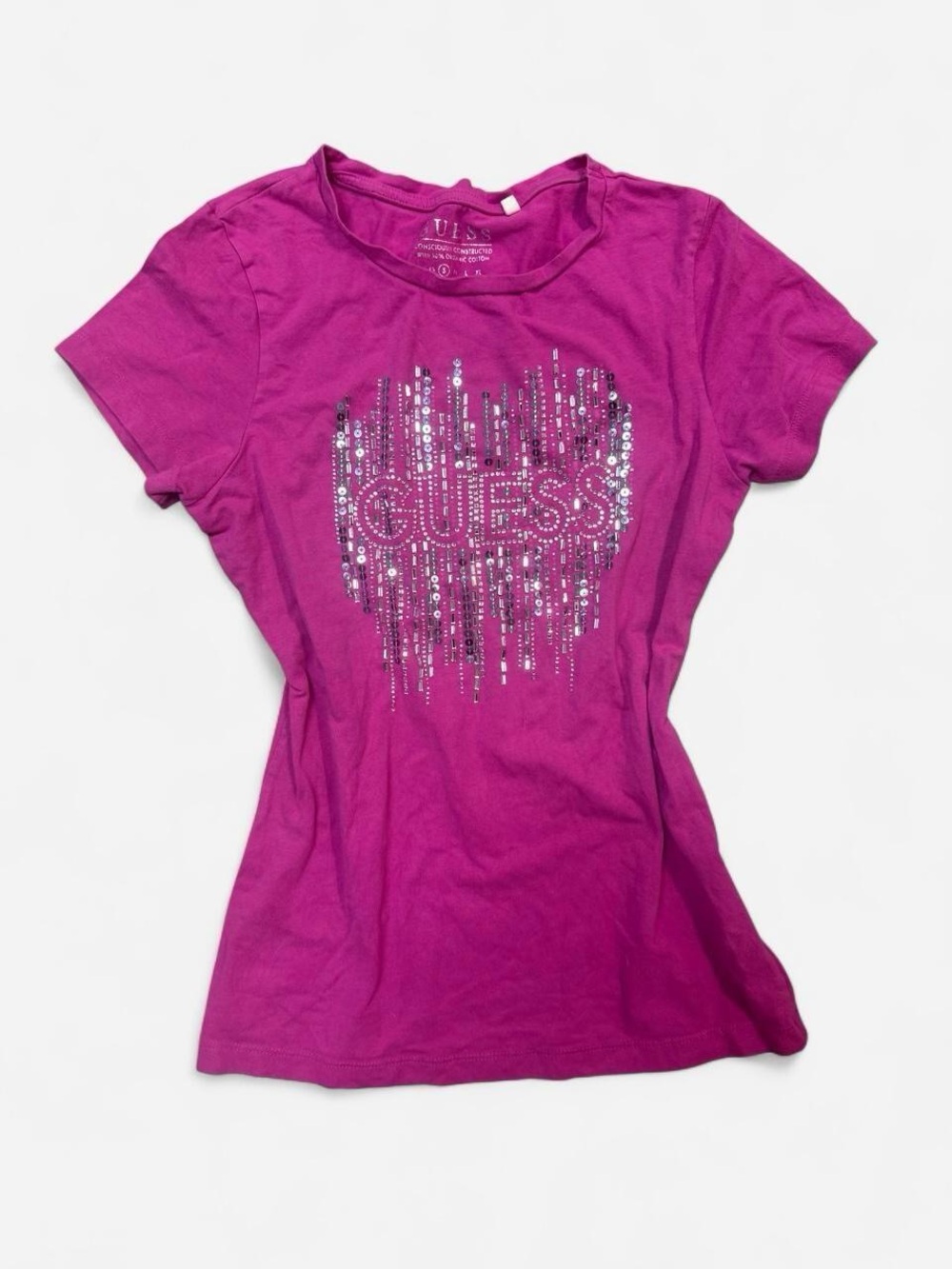 GUESS Hot Pink Sequin Logo Heart Short Sleeve Tee